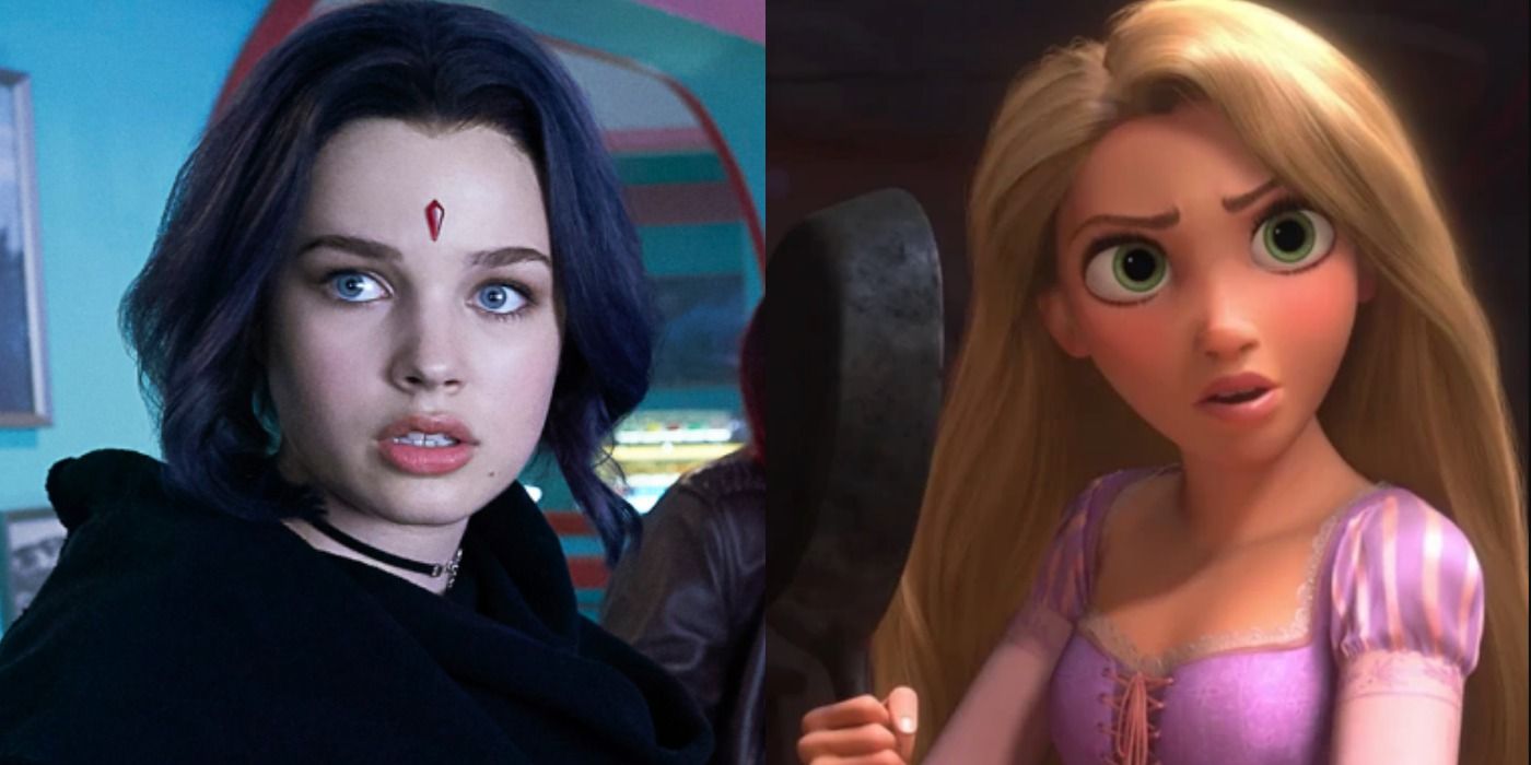 A split image depicts Rachel in Titans and Rapunzel in Tangled