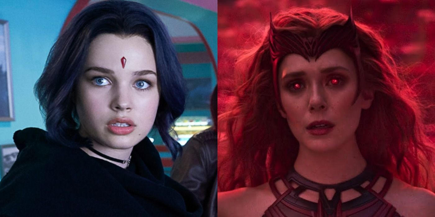 A split image of Raven in Titans and Scarlet Witch in the MCU