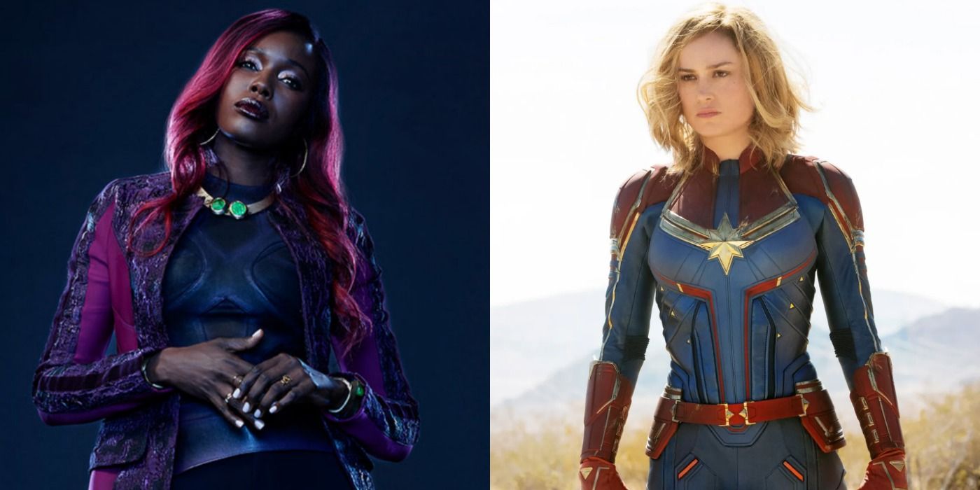 A split image depicts Starfire in Titans and Captain Marvel in the MCU
