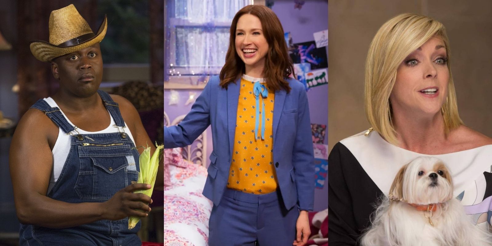 Titus Andromedon in a straw hat and overalls, Kimmy Schmidt smiles in her bedroom, and Jacqueline White holds her dog in Unbreakable Kimmy Schmidt