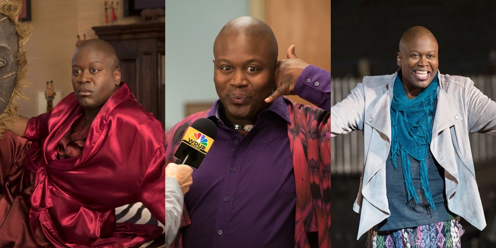 Titus Andromedon poses in a silk robe, gives an interview in a microphone, and sings while gesturing in Unbreakable Kimmy Schmidt