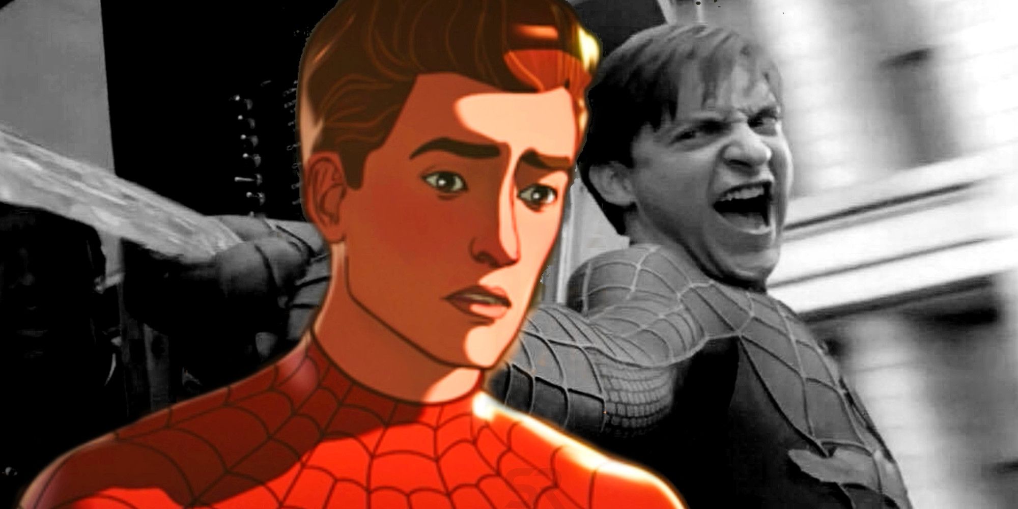 Tobey Maguire in Spider-Man 2 and Hudson Thames as Peter Parker in Marvel's What If Episode 5
