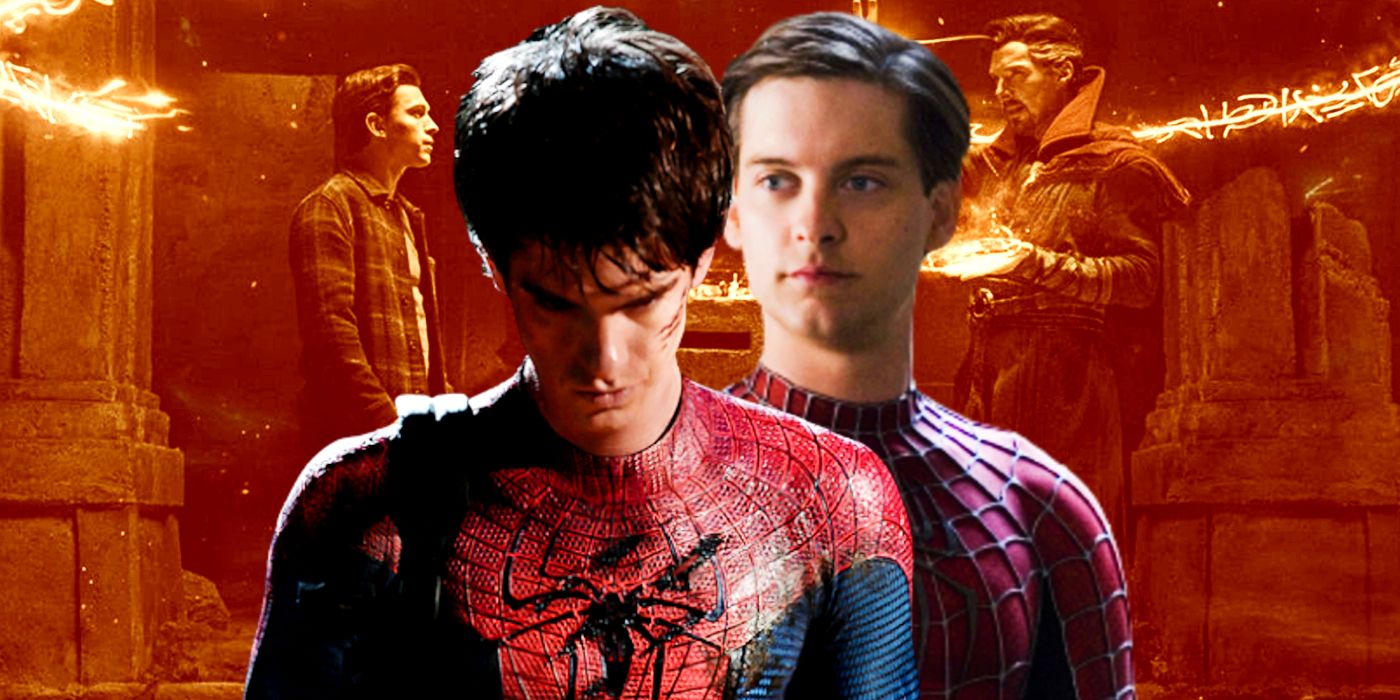 Tom Holland, Tobey Maguire, and Andrew Garfield as Spider-Man with Doctor Strange in No Way Home