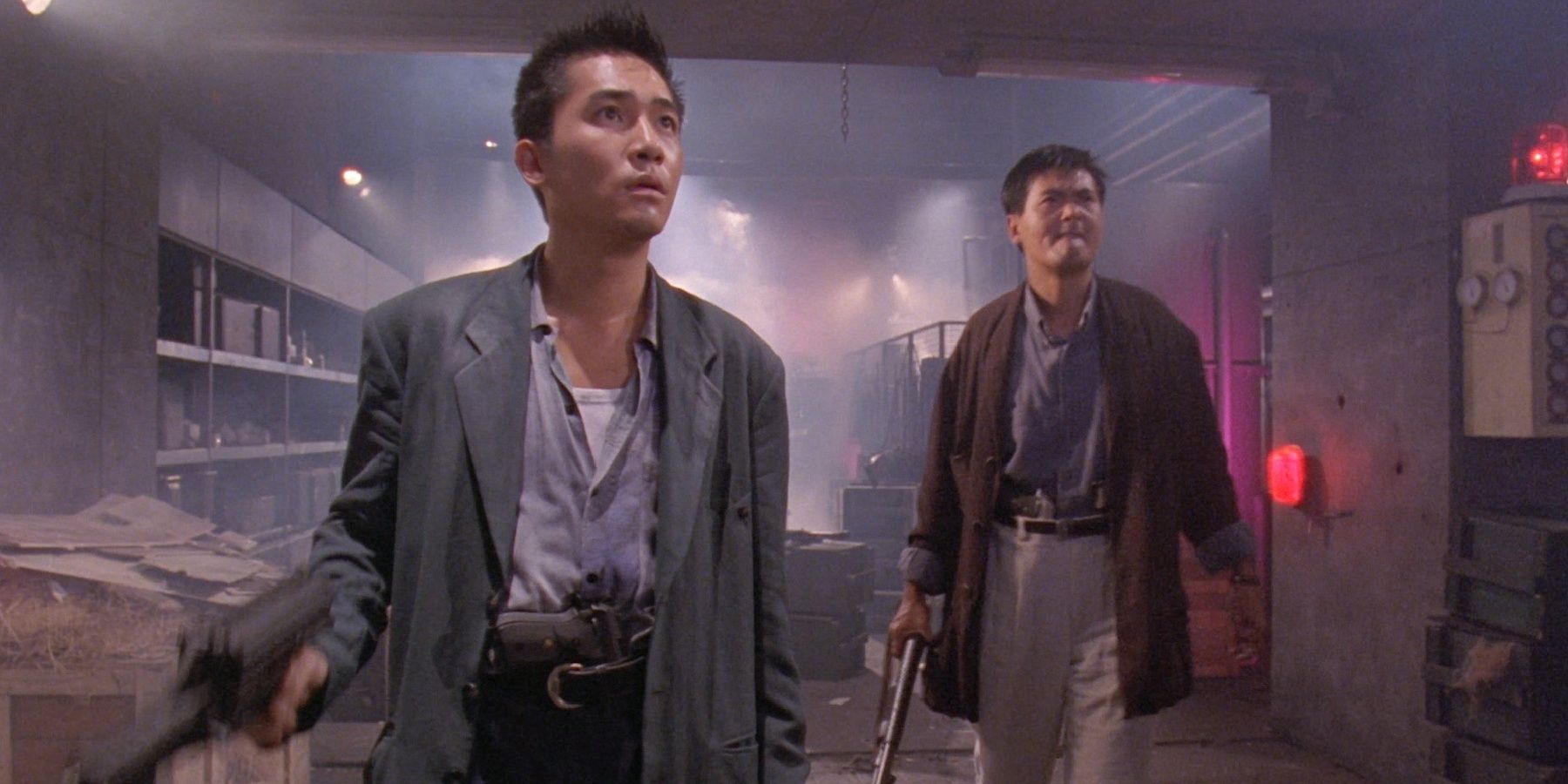 Tony Leung and Chow Yun-Fat holding guns in Hard-Boiled