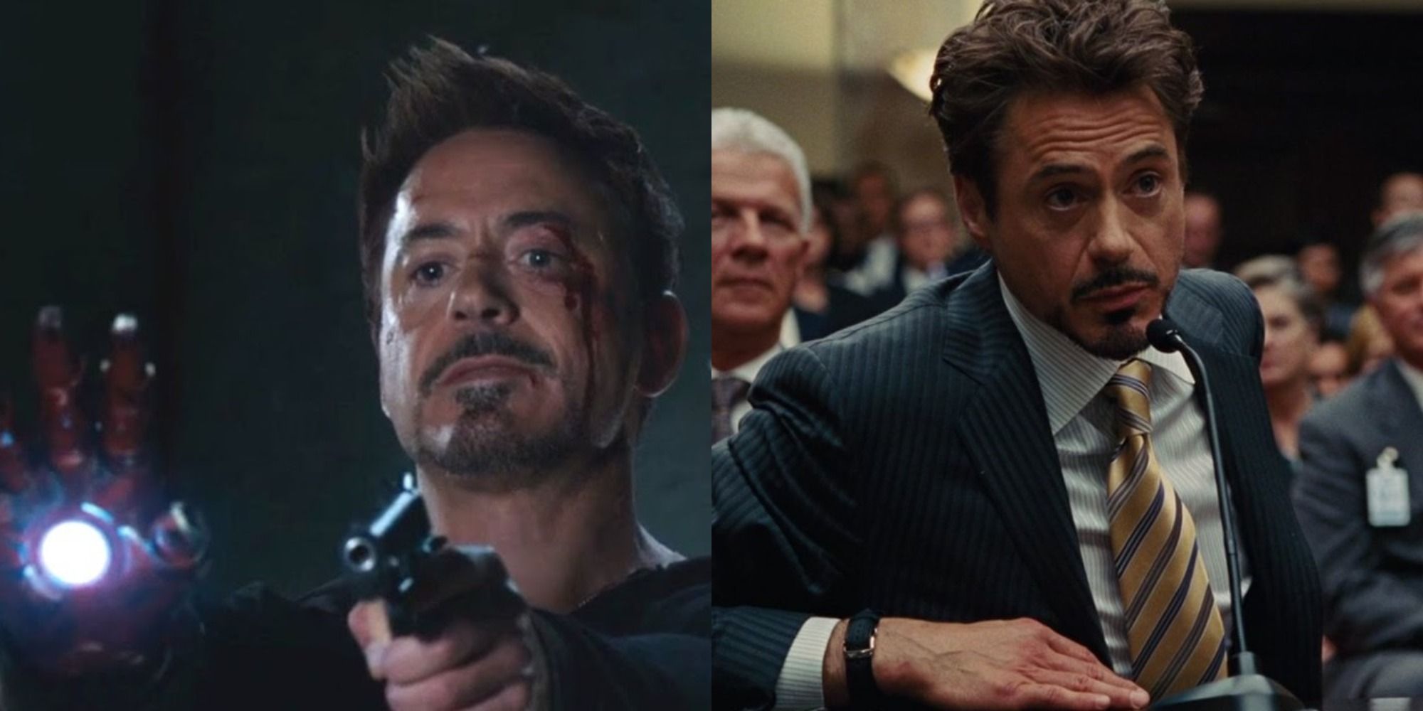 Split image of Tony Stark with gun and at senate hearing in MCU