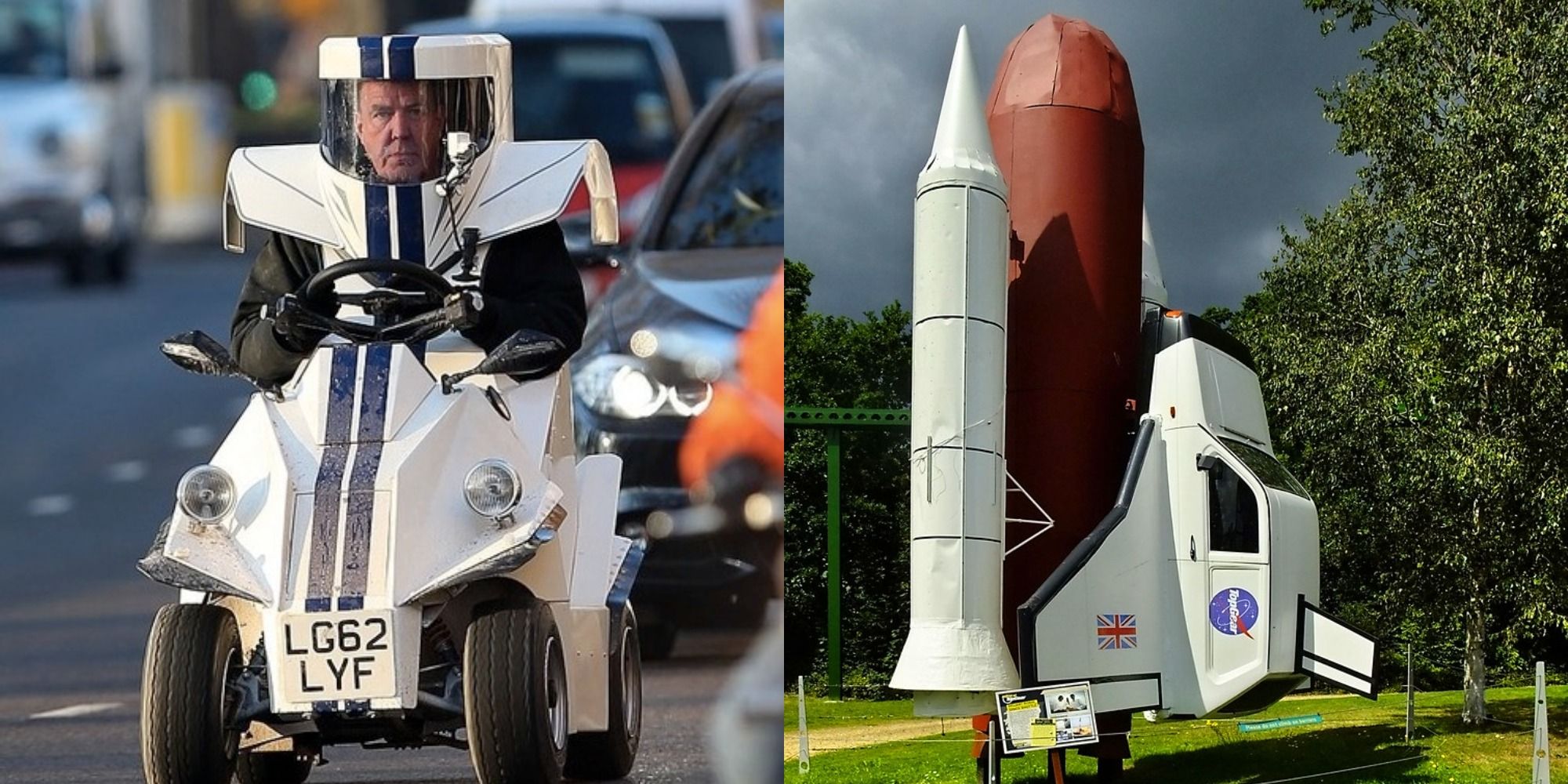 Split image showing Jeremy Clarkson driving the P-45, and the Reliant Space SHuttle in Top Gear