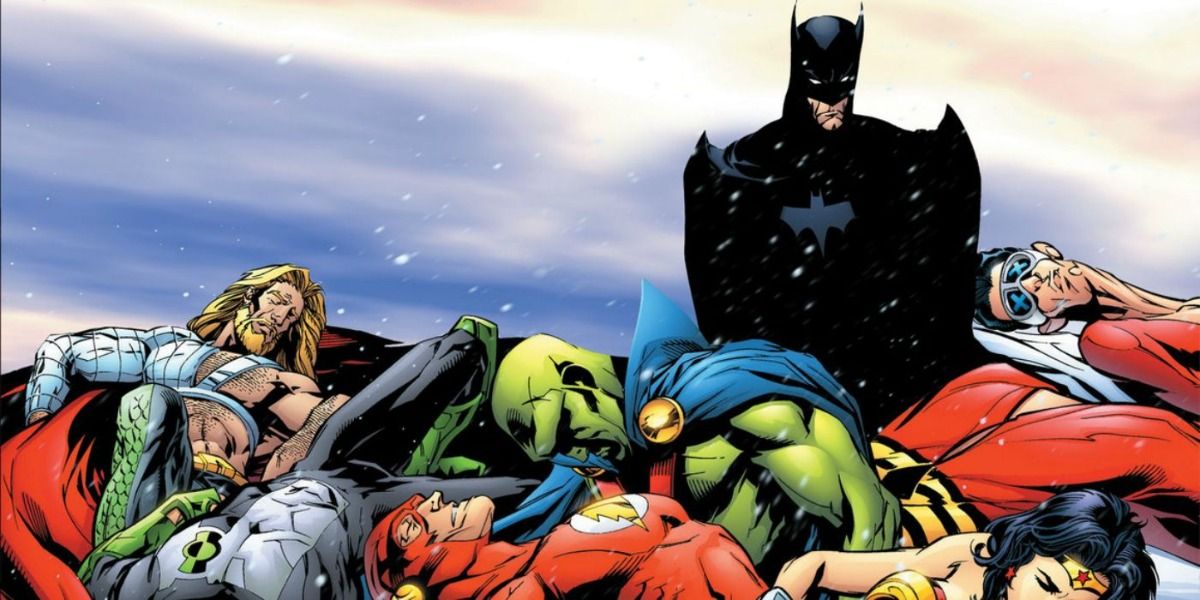 A mildly inconvenienced Batman stands over his fallen Justice League friends.