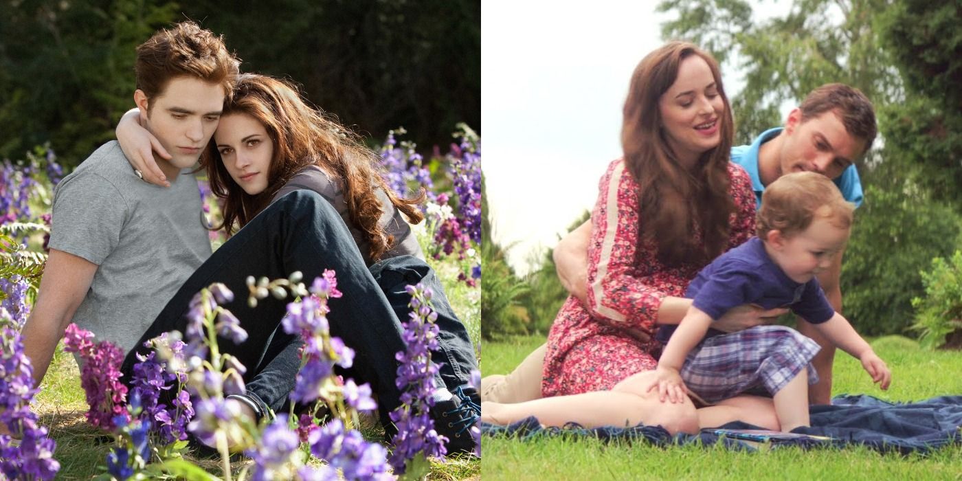 Split image shwoing Edward and Bella, and Anna and Christian hugging