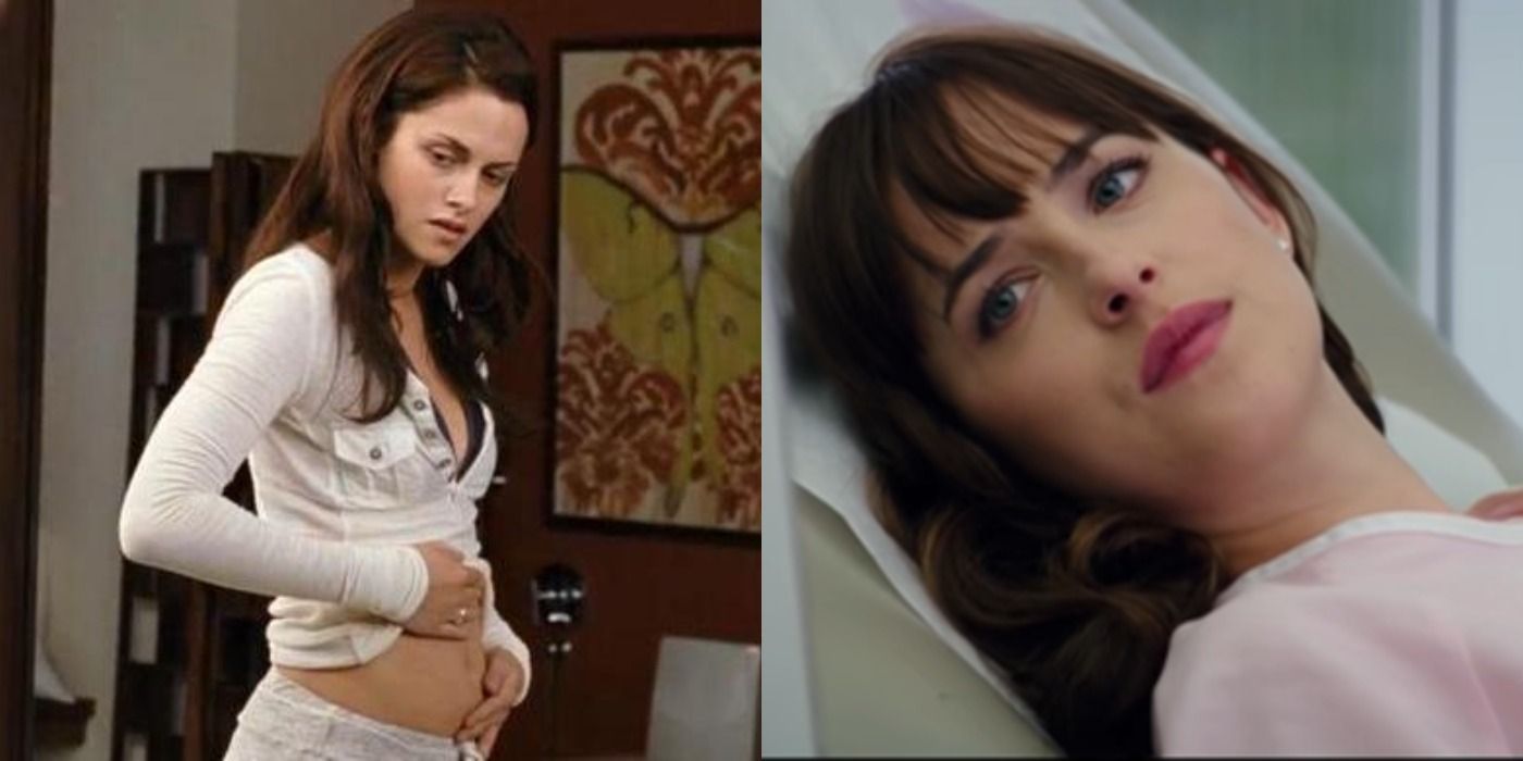 Split image showing pregnant Bella in Twilight and prgnant Anna in Fifty Shades