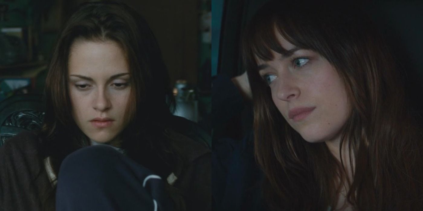 Split image showing sad Bella in Twilight and sad Anna in Fifty Shades 