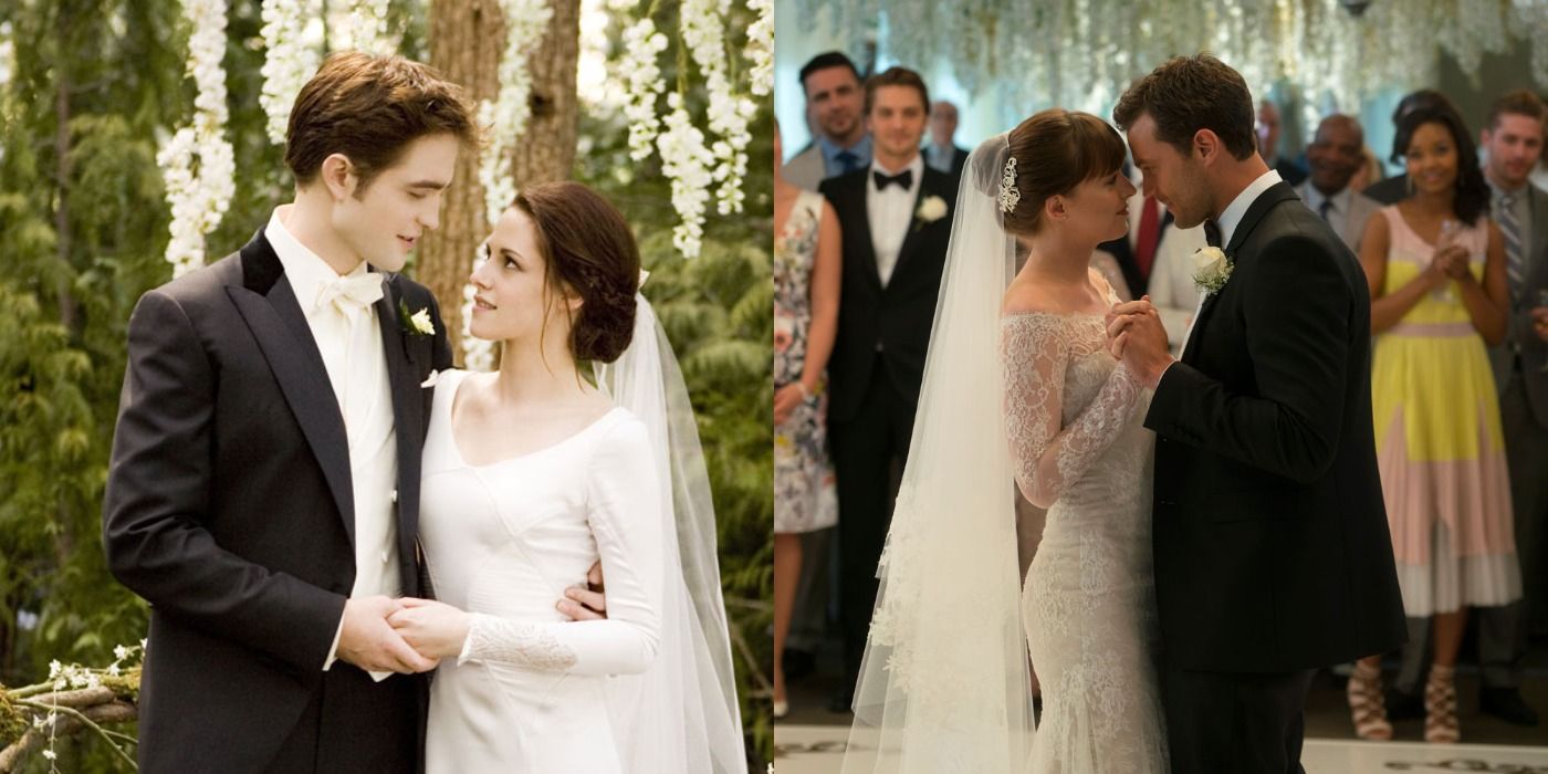 Split image showing Edward and Bella and Christian and Anna's wedding