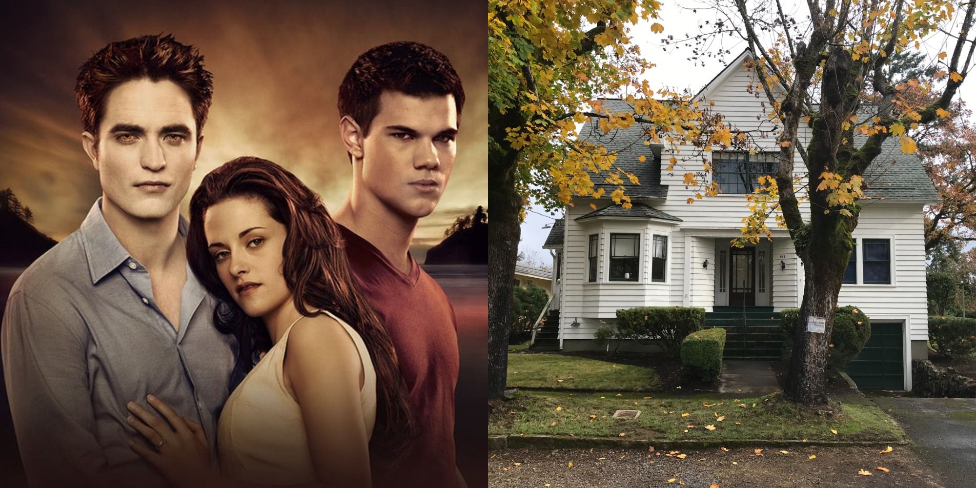Split image of the main characters from the Twilight Saga, and the exterior of Bella Swann's house