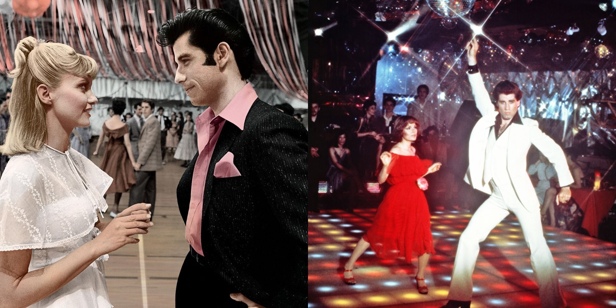 Two side by side images from Grease and Saturday Night Fever