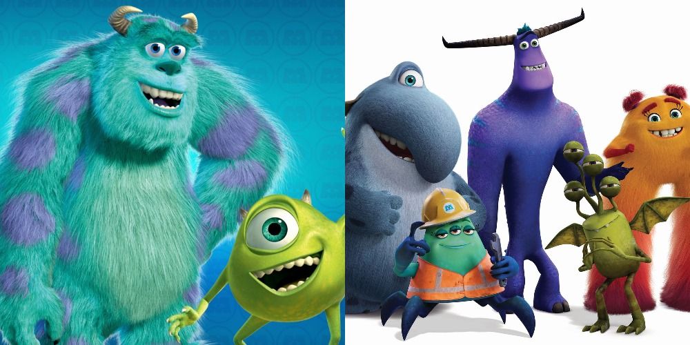 Two side by side images from Monsters Inc and Monsters at Work