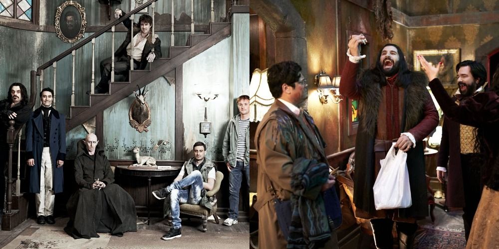 Two side by side images from What We Do In The Shadows movie and TV series