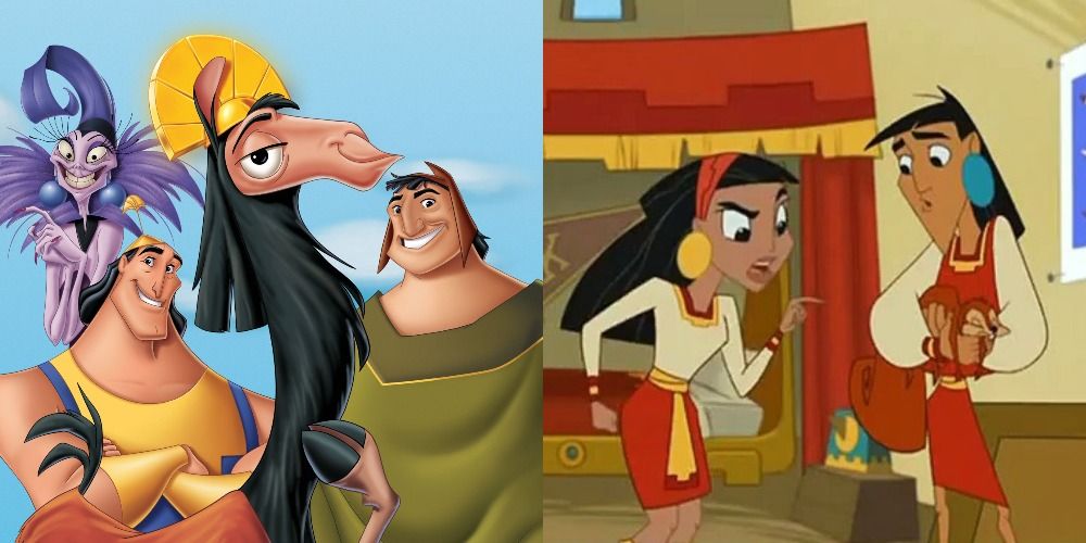 Two side by side images from the Emporer's New Groove and New School