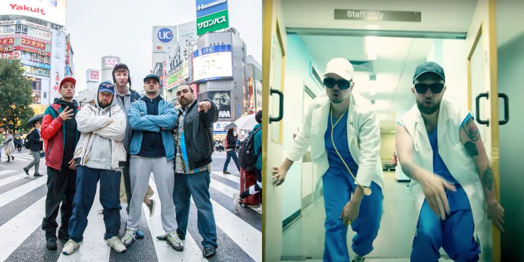 Two side by side images of Beats and Grindah and all the gang in Japan from People Just Do Nothing Big in Japan
