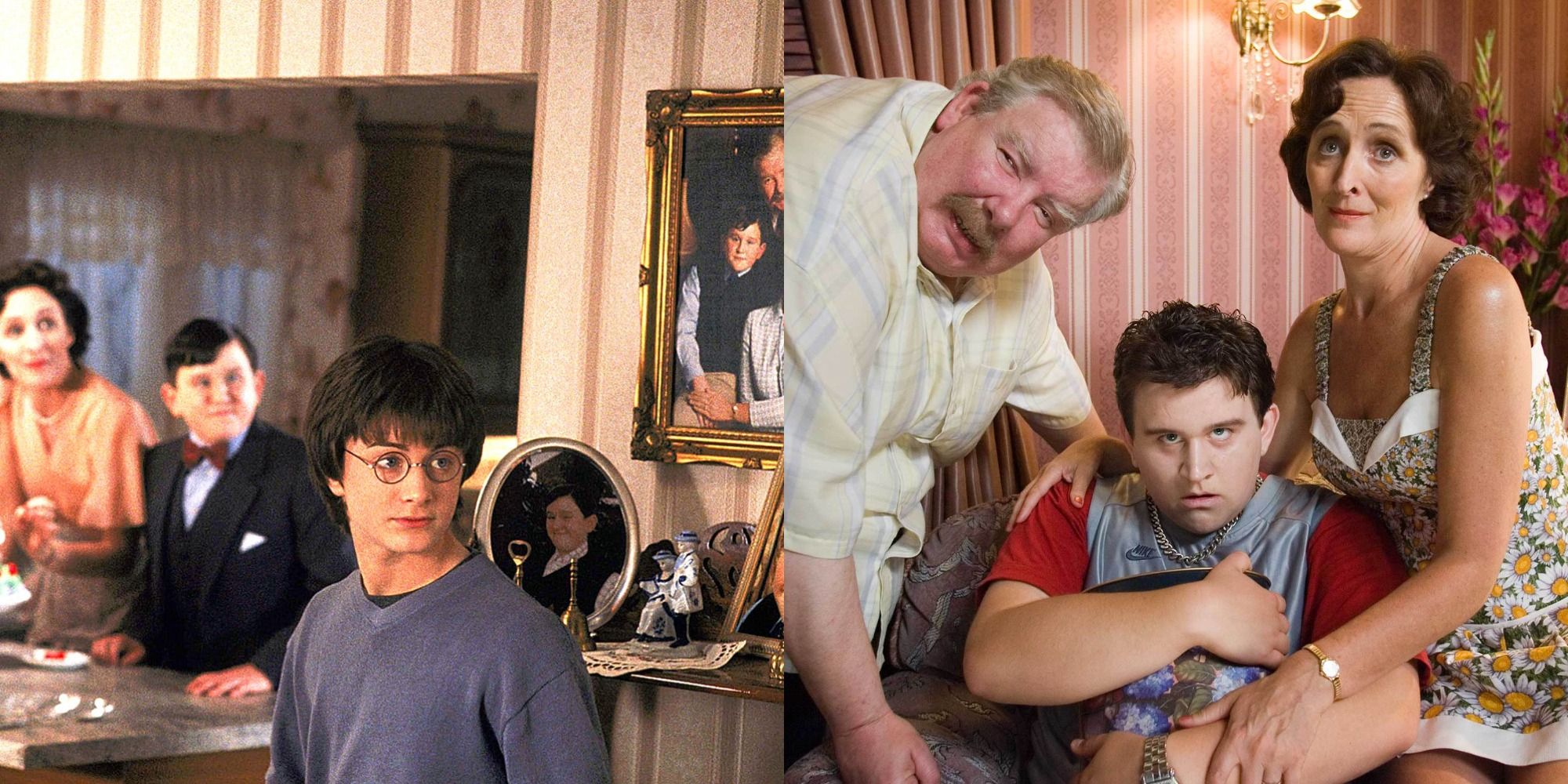 A split image showing Harry at the Dursleys' house on the left and Vernon, Petunia and Dudley on the right from Harry Potter