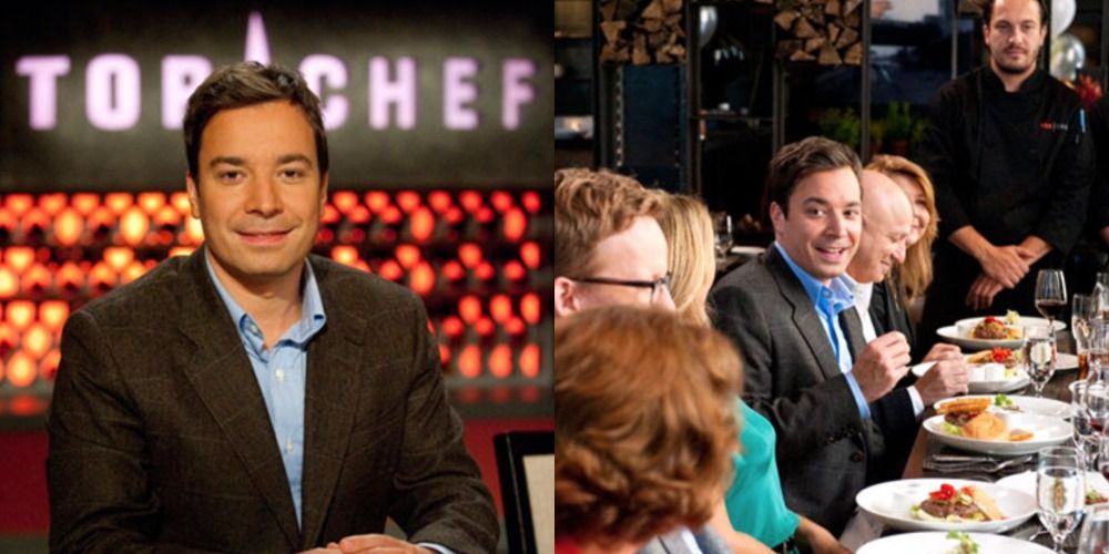 Two side by side images of Jimmy Fallon on Top Chef
