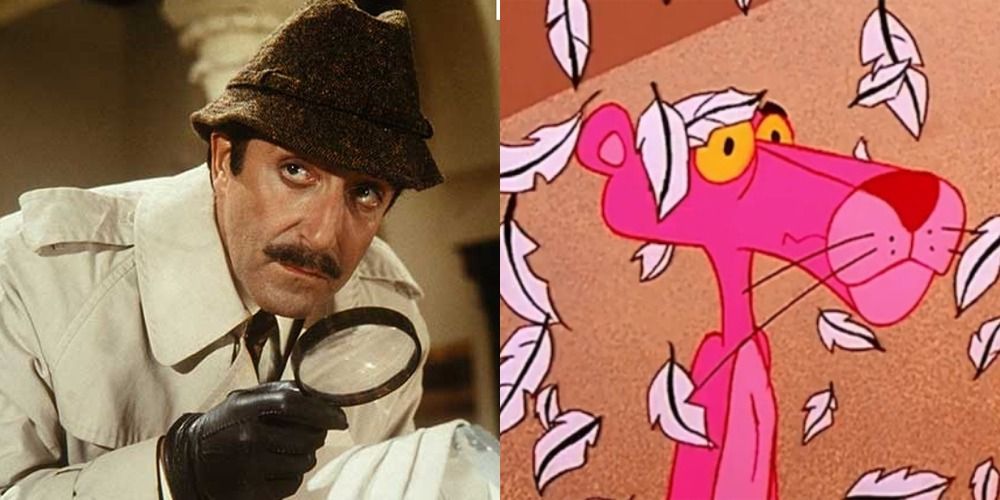 Two side by side images of Peter Sellers in Pink Panther and the animated version