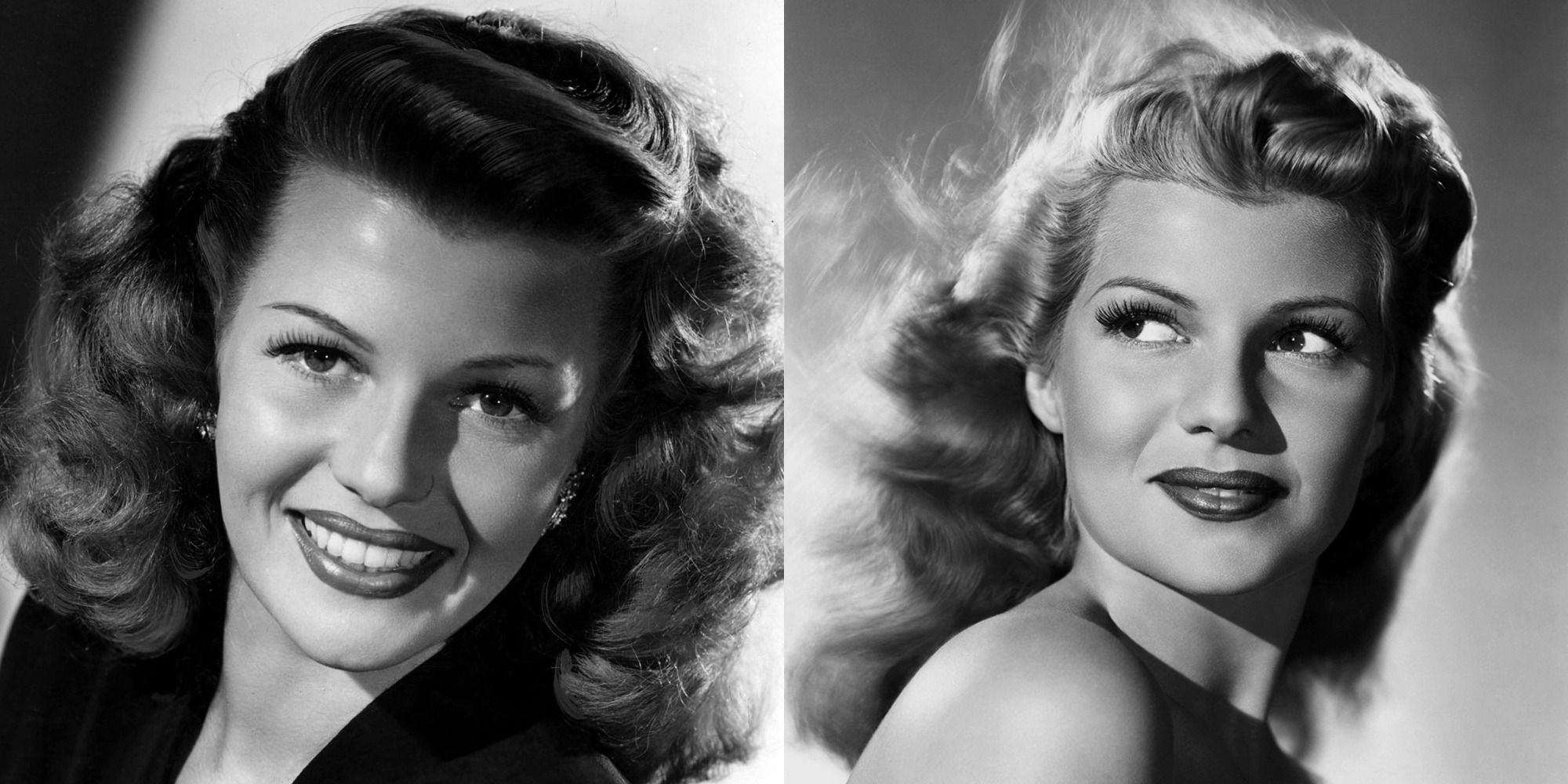 Two side by side images of Rita Hayworth