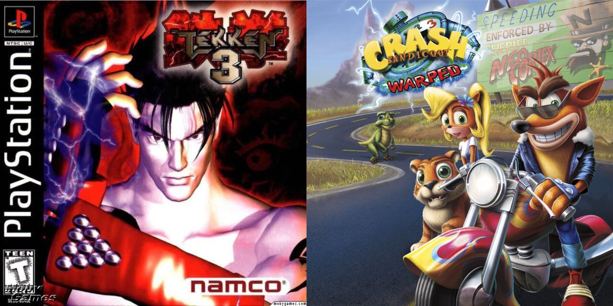 Two side by side images of box art from Tekken 3 and Crash Bandicoot Warped for PS1