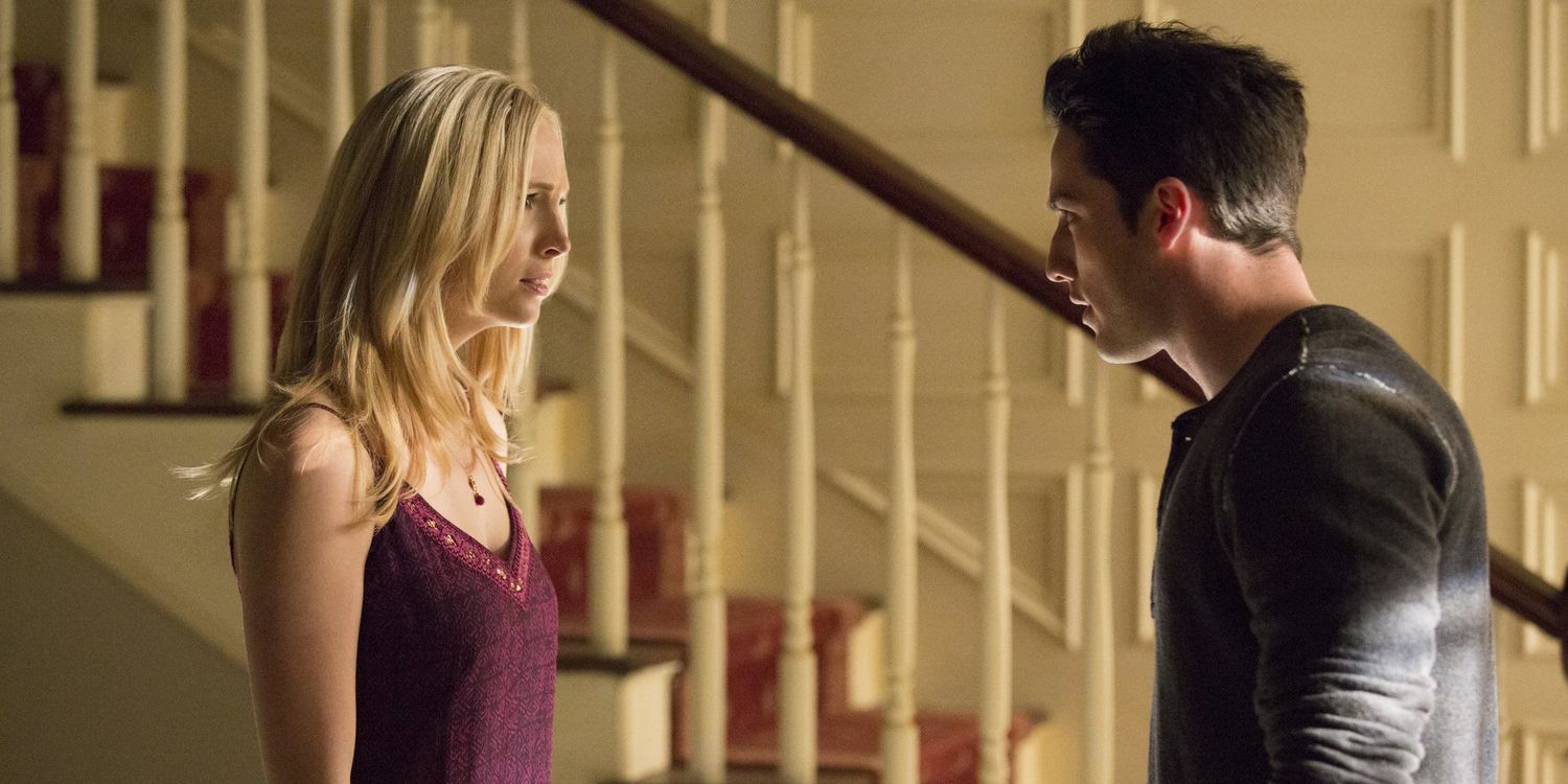 Caroline and Tyler looking at each other in The Vampire Diaries.