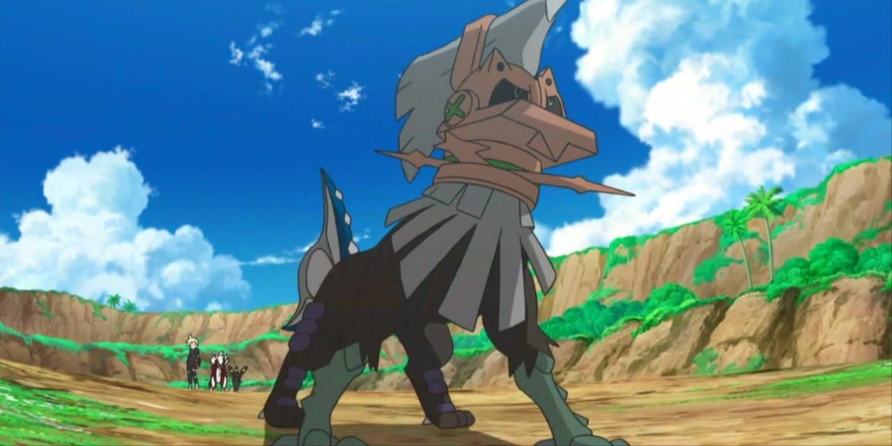 Type: Null stands in a sunny field in the Pokemon anime.