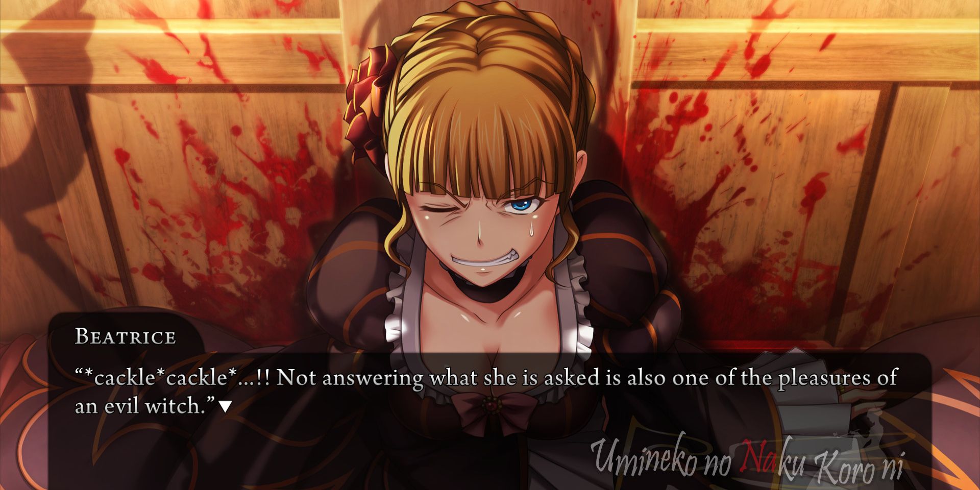 Beatrice fala com o espectador com uma caixa de diálogo abaixo dela em Umineko When They Cry.