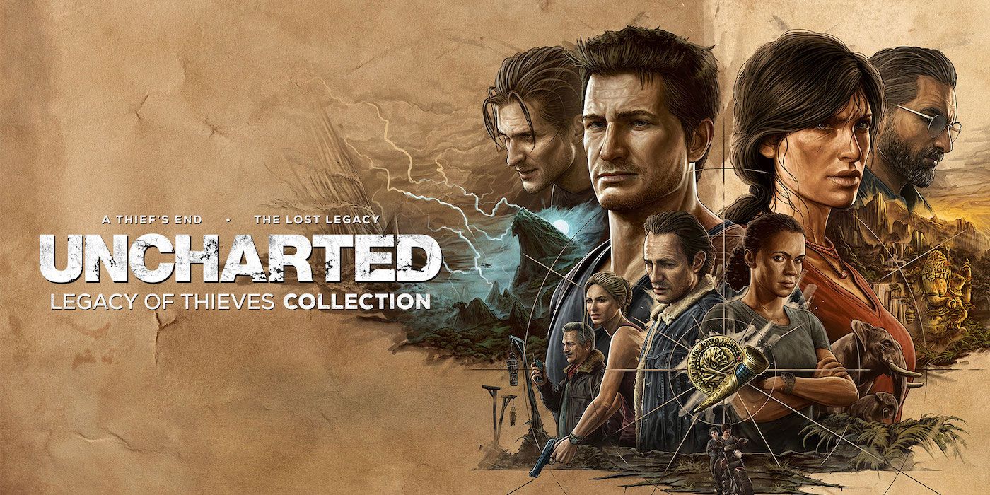 Uncharted: Legacy of Thieves Collection art featuring a collage of the main cast.