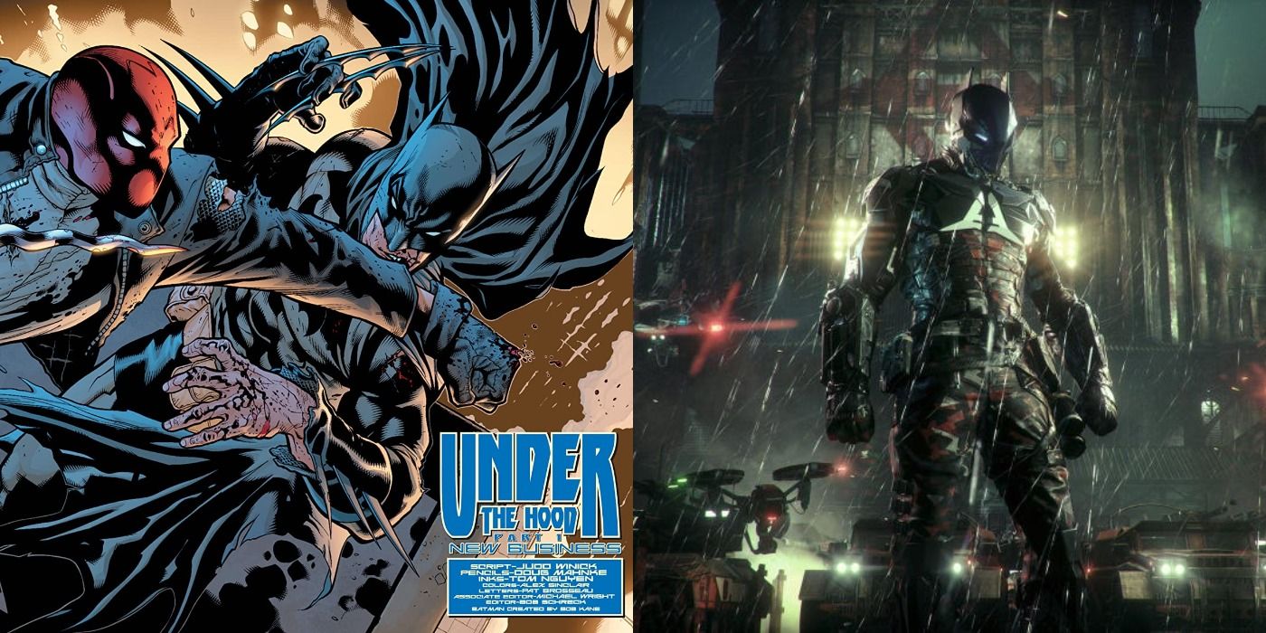 Split image of Batman vs. Red Hood in the comic and Jason as the Arkham Knight