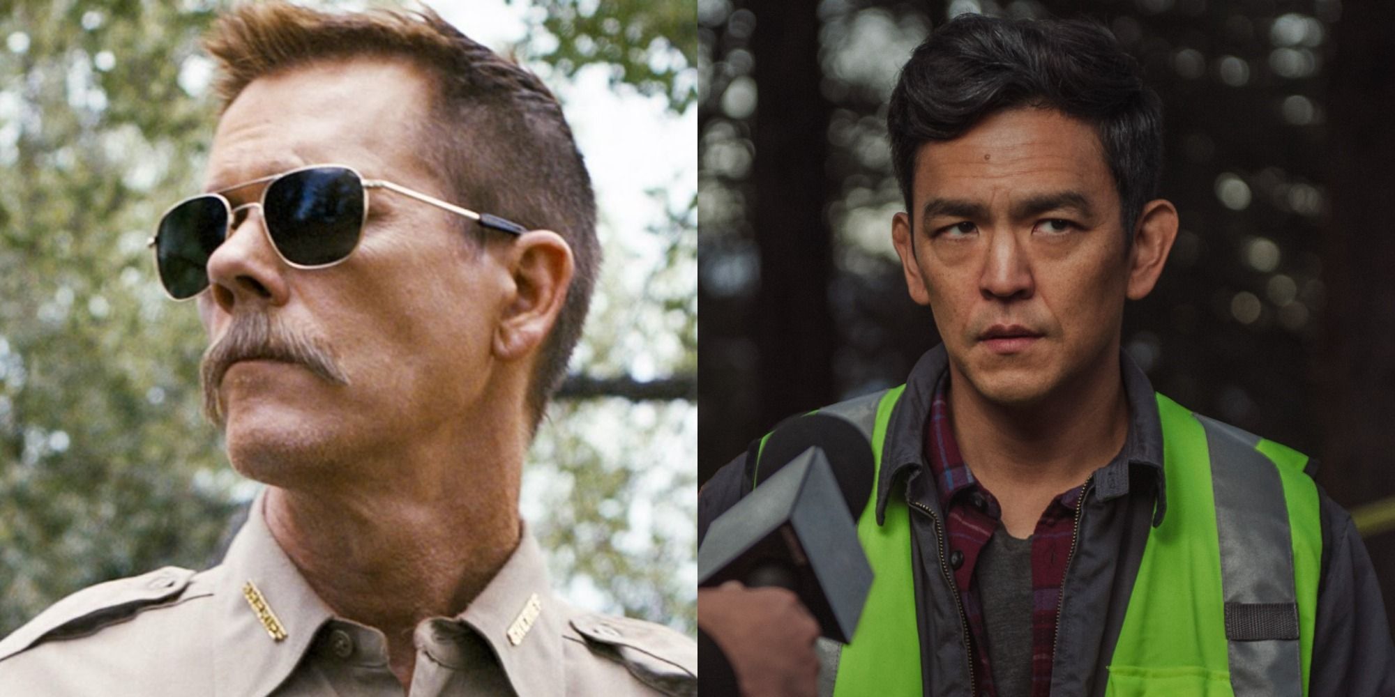 Split image of Kevin Bacon in Cop Car and John Cho in Searching