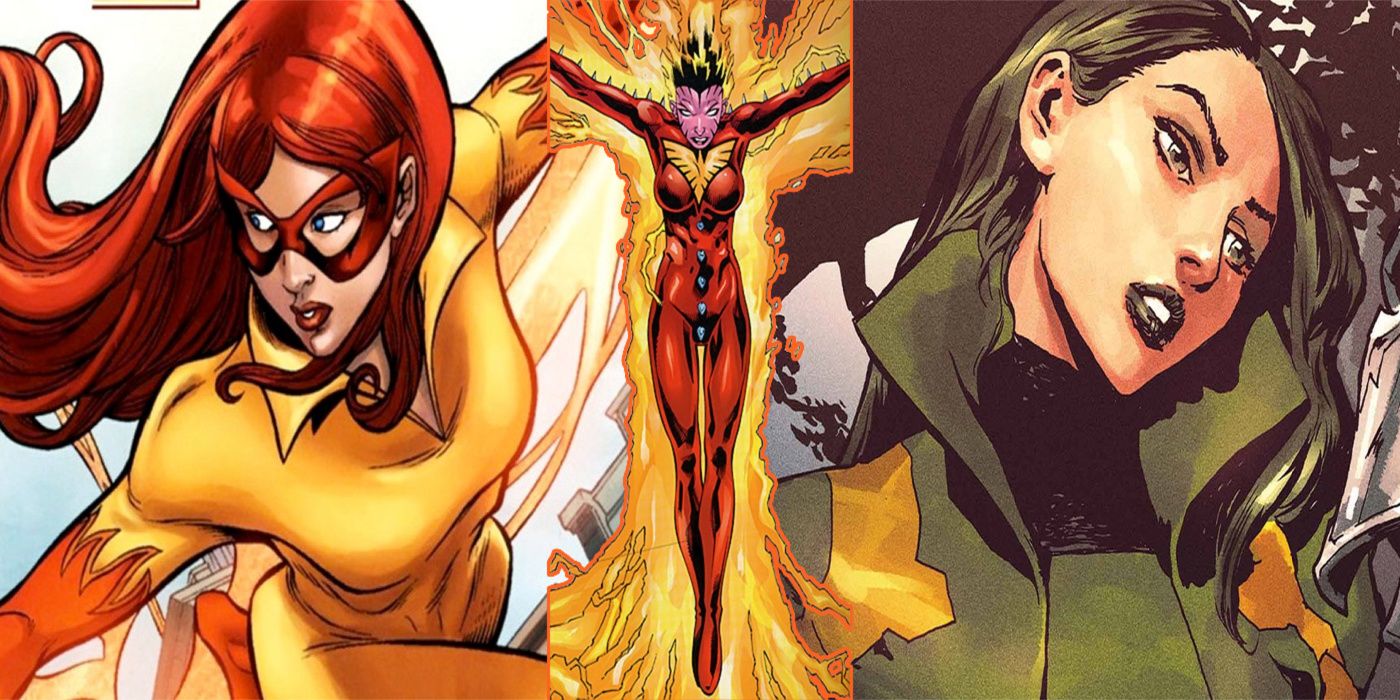 Split image of Firestar, Rachel Summers as Phoenix, and Polaris from X-Men comics.