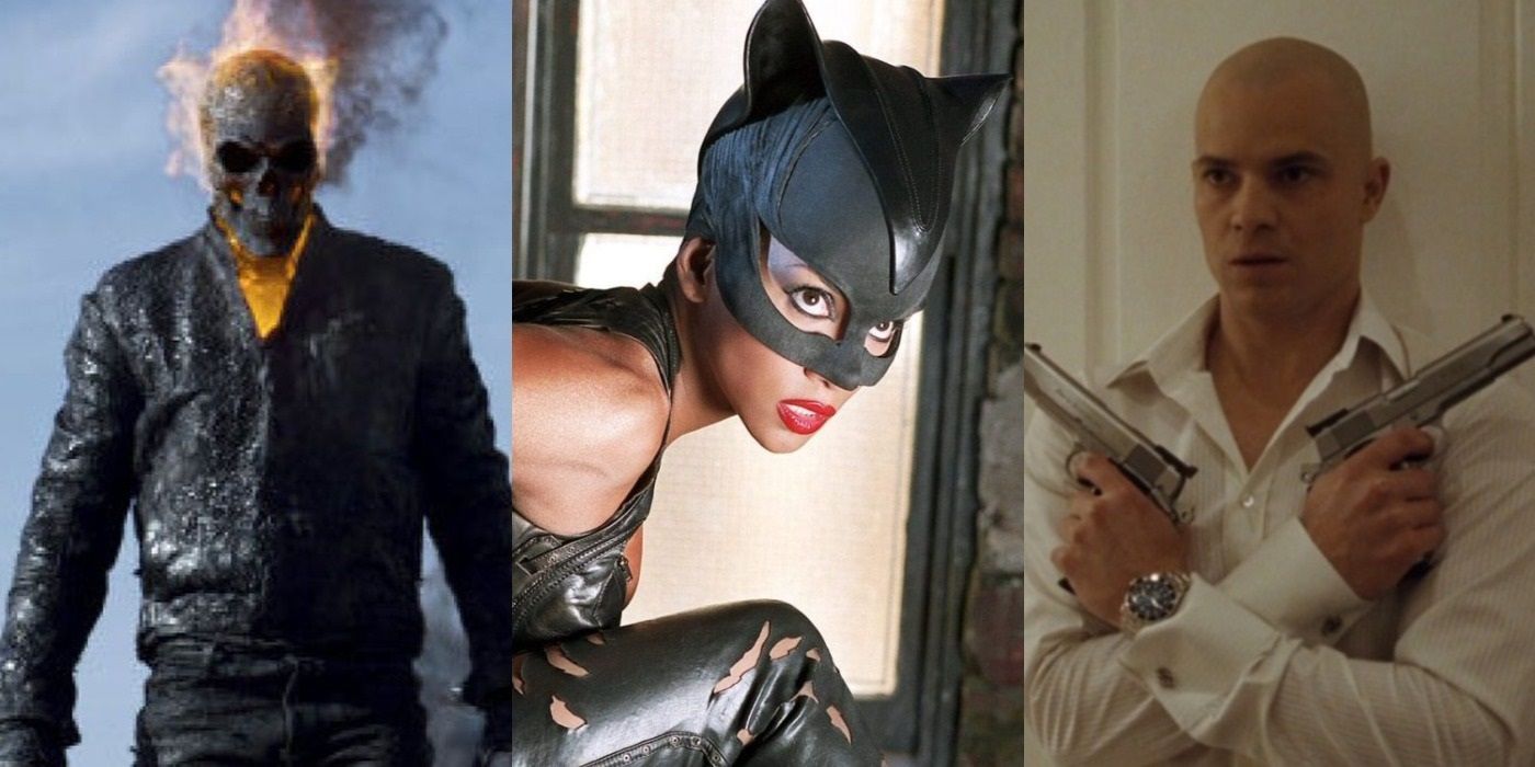Split image of the movies Ghost Rider, Catwoman, and Hitman.