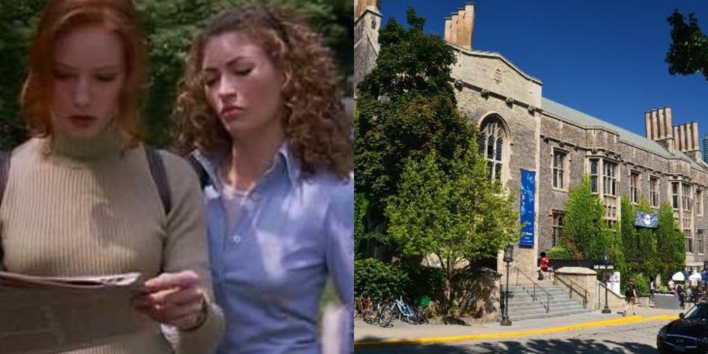 Split image of Natalie and Brenda in Urban Legend and University of Toronto campus building