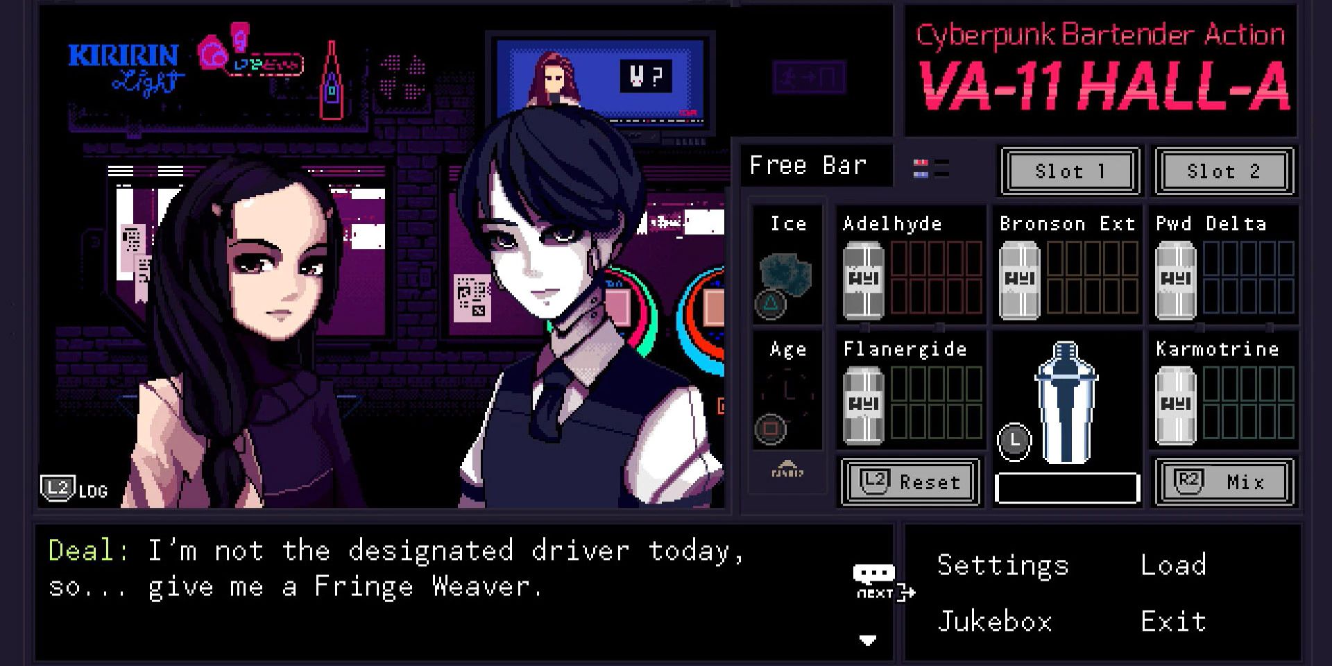 The player negotiates with 2 female bartenders in VA-11 HALL-A: Cyberpunk Bartender Action.