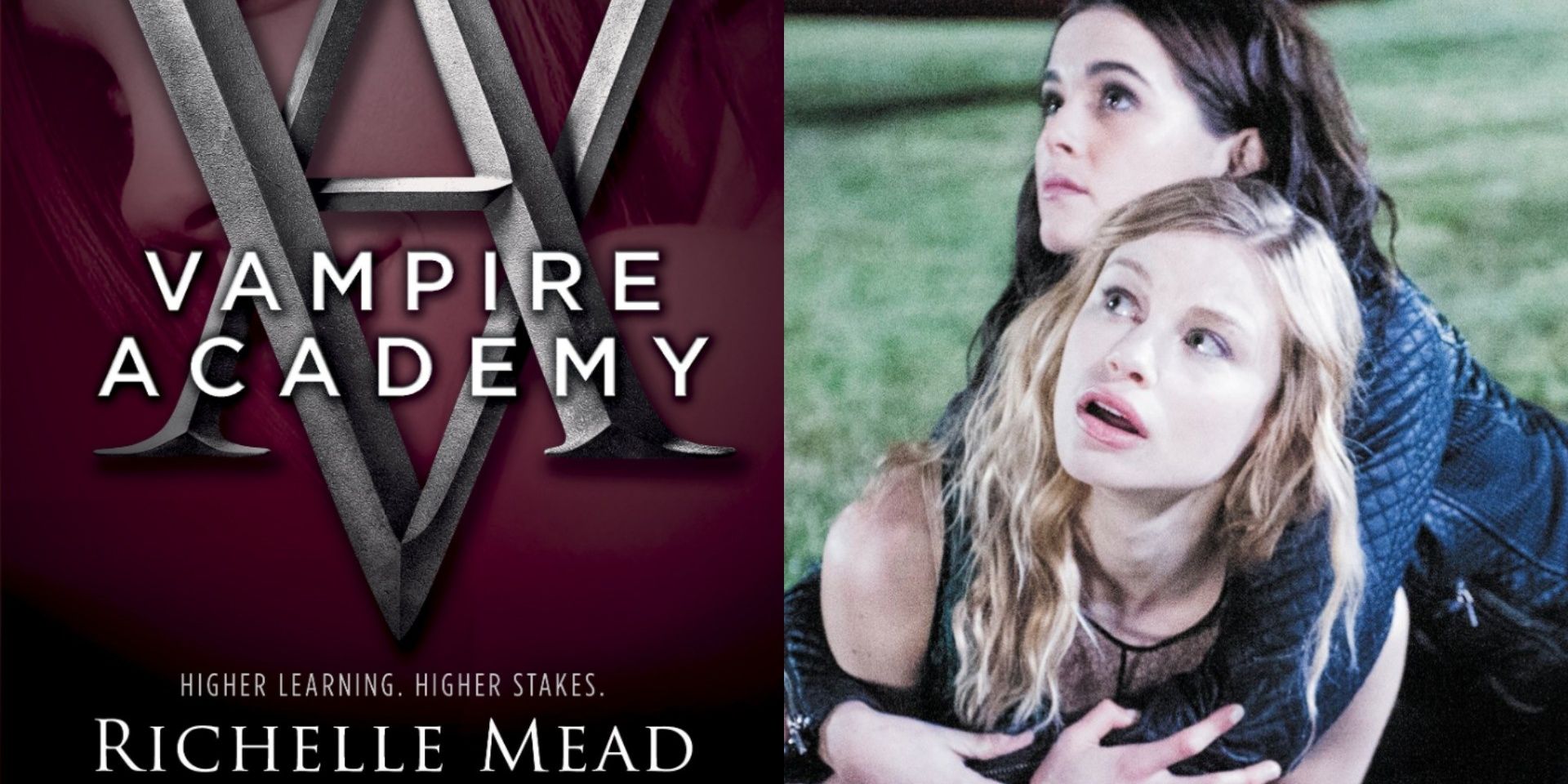 Split image: the cover of a Vampire Academy book, Rose and Lissa hold each other in the Vampire Academy film