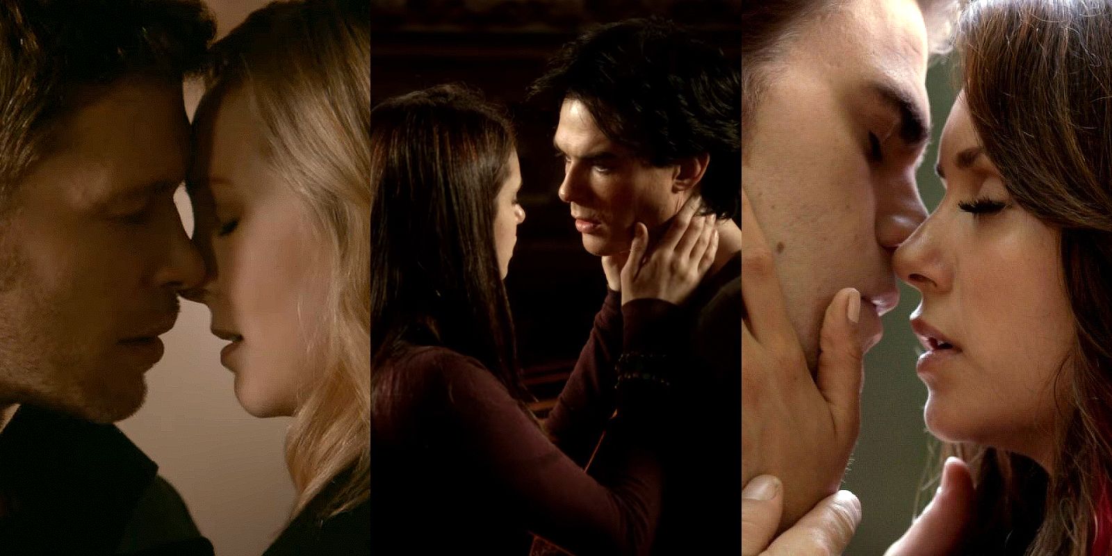 Collage of near-kisses in the Vampire Diaries drama series.