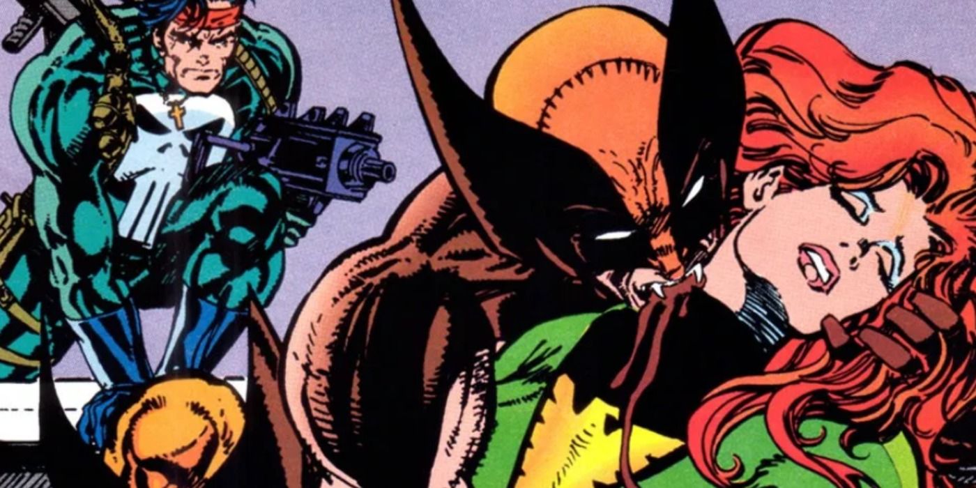 Vampire Wolverine bites Jean Grey in Marvel Comics.