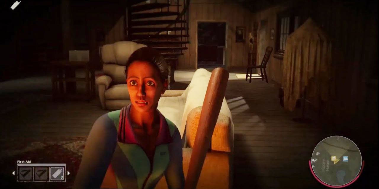 Vanessa stands next to a fireplace with a baseball bat in her hand in Friday the 13th: The Game.