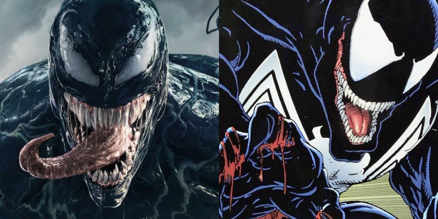 Split image of Venom from Sony movie and from first appearance in Marvel Comics.