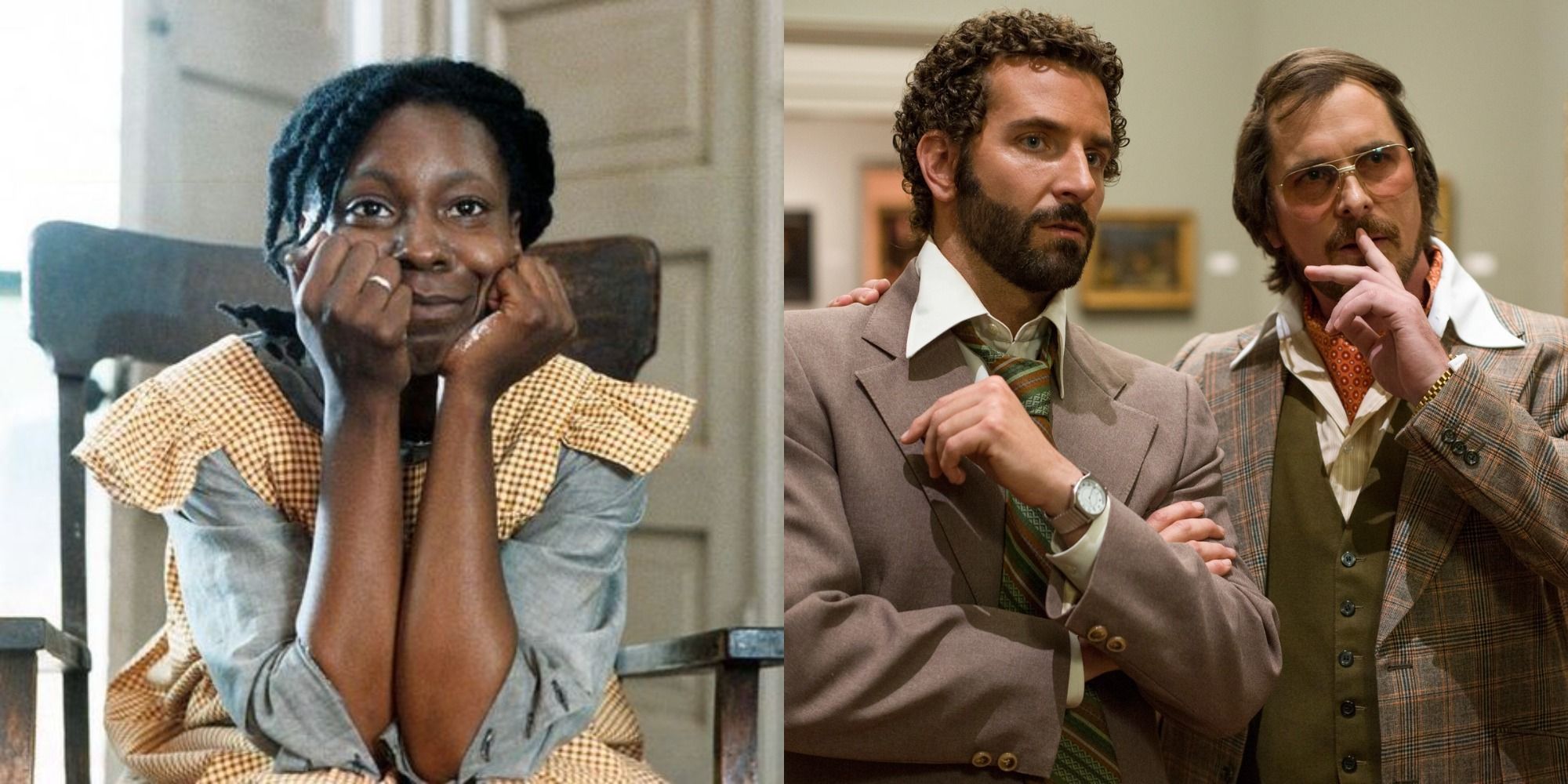 Side-by-side photo of Whoopi Goldberg in The Color Purple and Bradley Cooper and Christian Bale in American Hustle