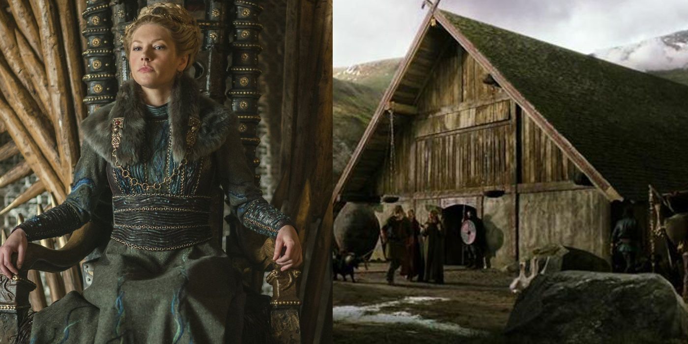Vikings split image Lagertha on a throne and the Great Hall at Kattegat