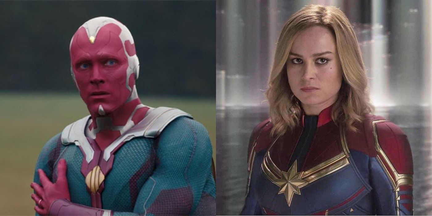 Split image of Vision in WandaVision and Carol Danvers in Captain Marvel 