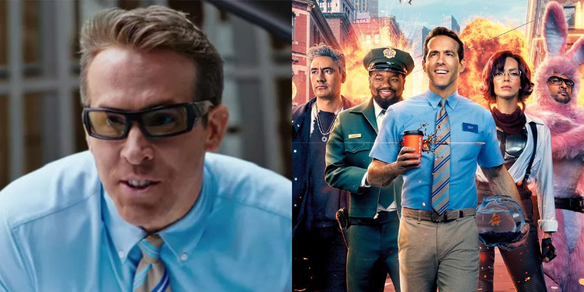 Ryan Reynolds as Guy in Free Guy split with image of primary Free Guy cast walking from an explosion