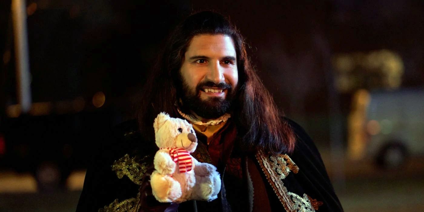 Nandor holding a teddy bear in What We Do in the Shadows