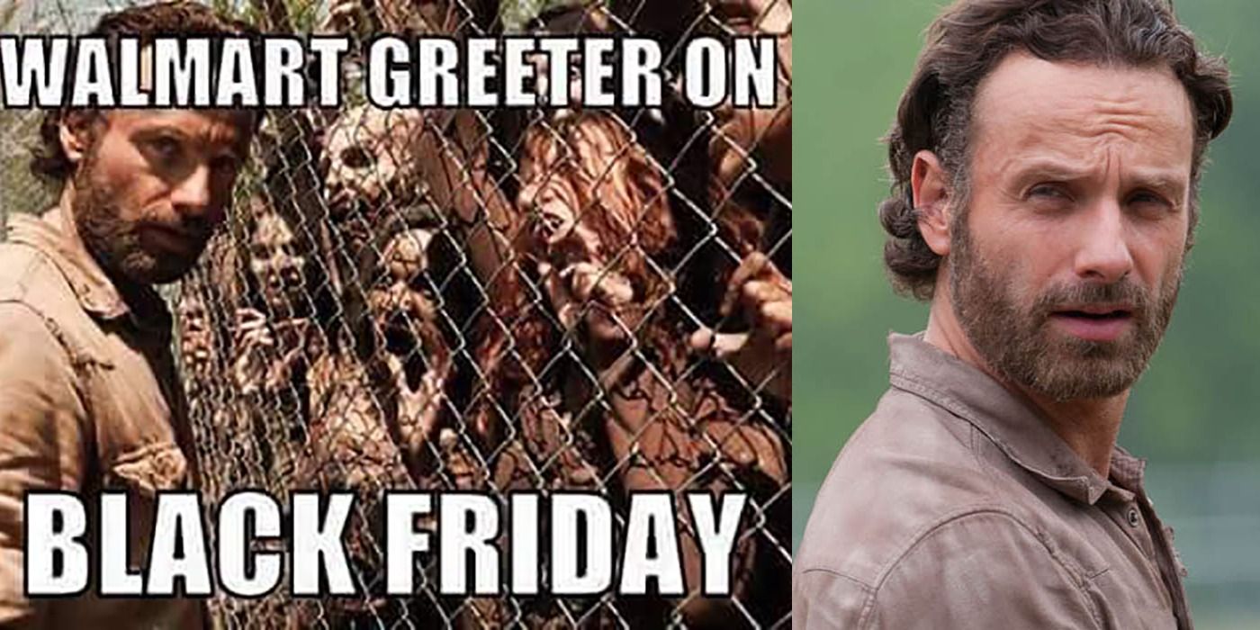 Images of a meme suggesting Rick is a Walmart greeter on Black Friday and Rick from The Walking Dead