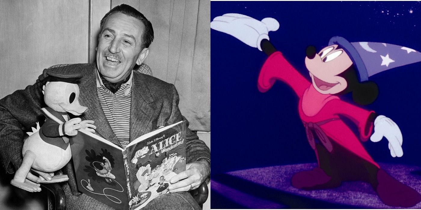 A split image of Mickey Mouse and Walt Disney