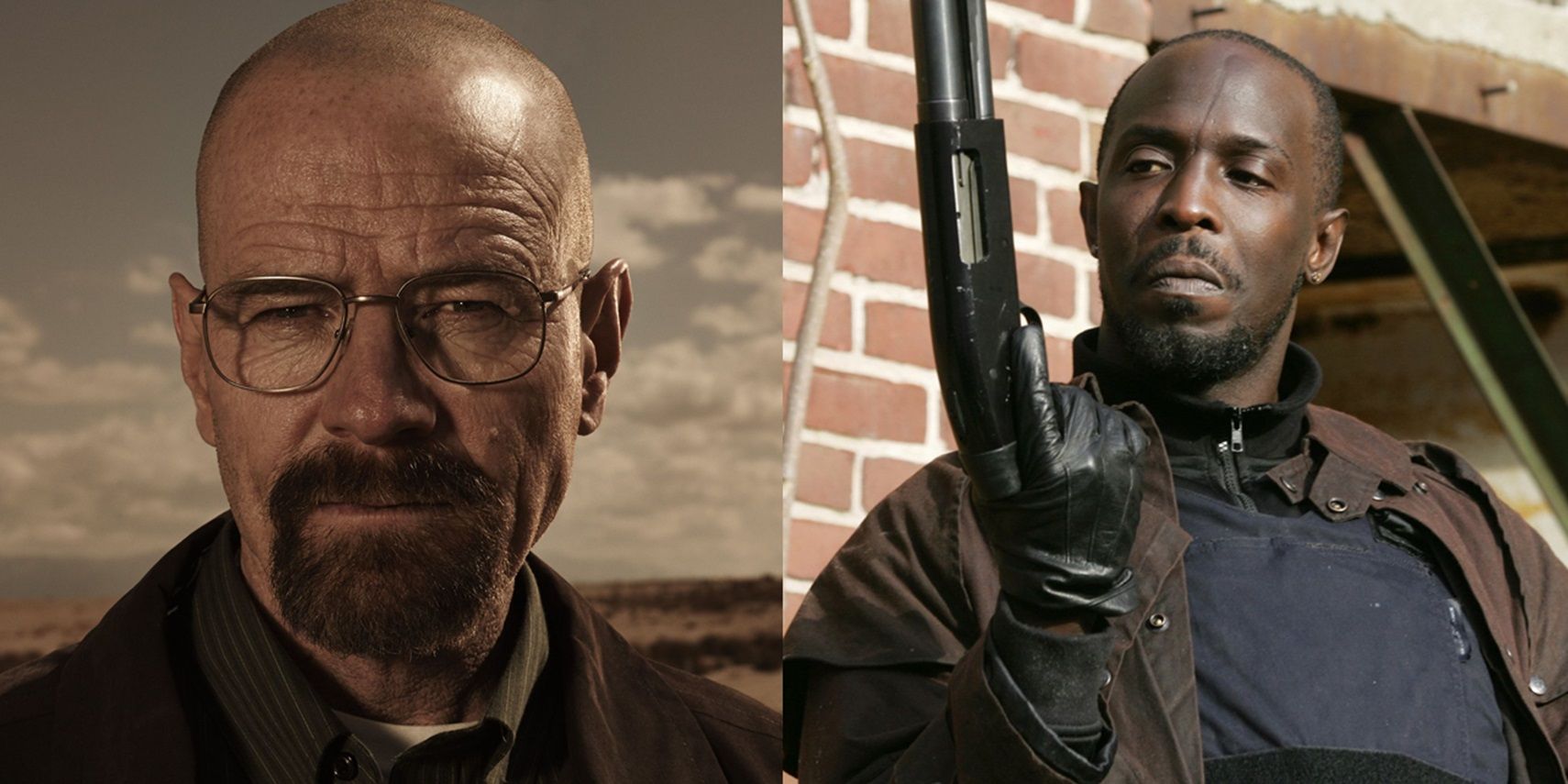 Split image of Walt in the desert in Breaking Bad and Omar with a shotgun in The Wire.