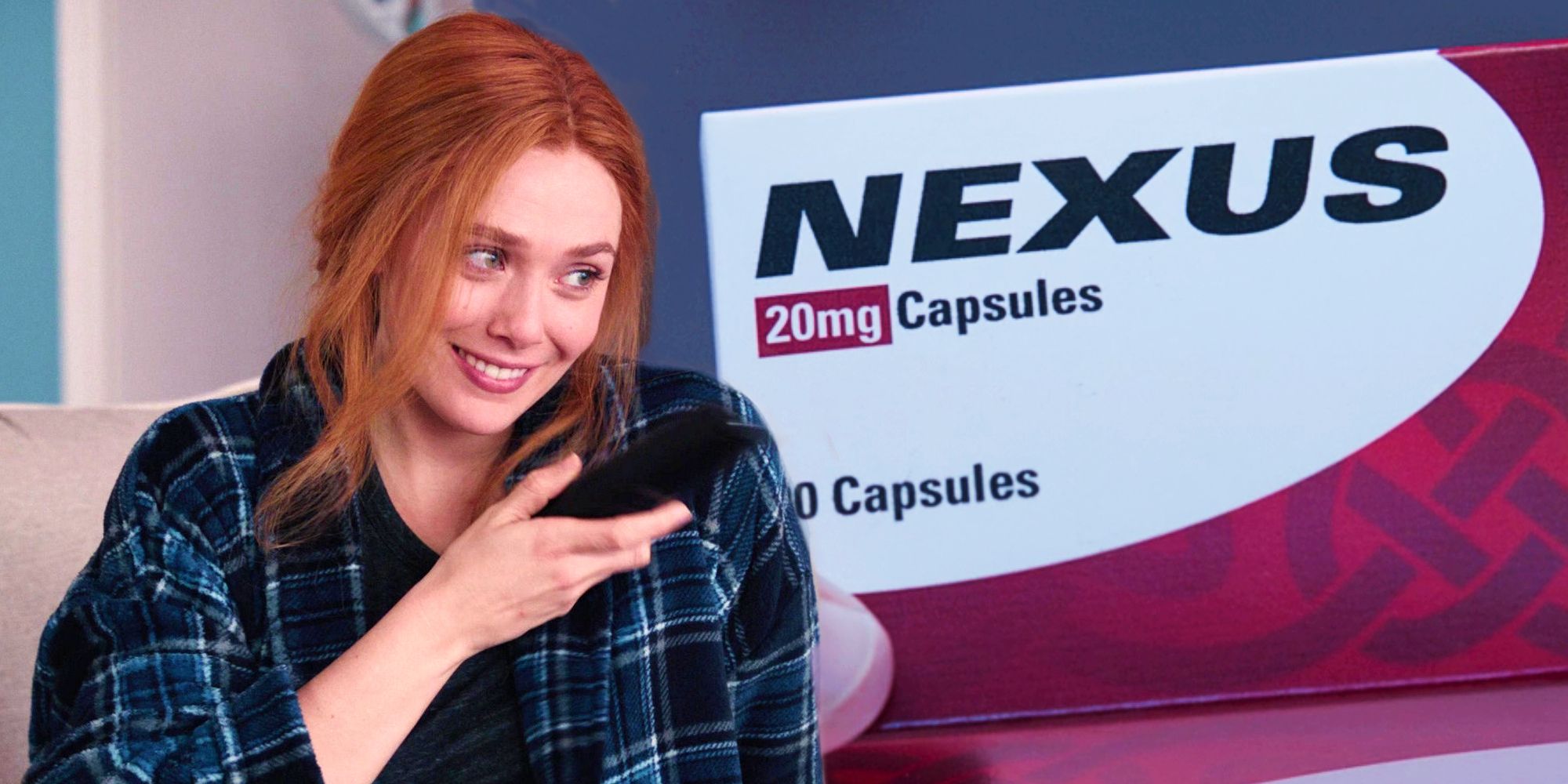 Wanda looks gleeful with the TV remote next to a packet of Nexus pills.